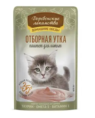 Деревенские лакомства Домашние обеды отборная утка паштет для котят пауч для кошек